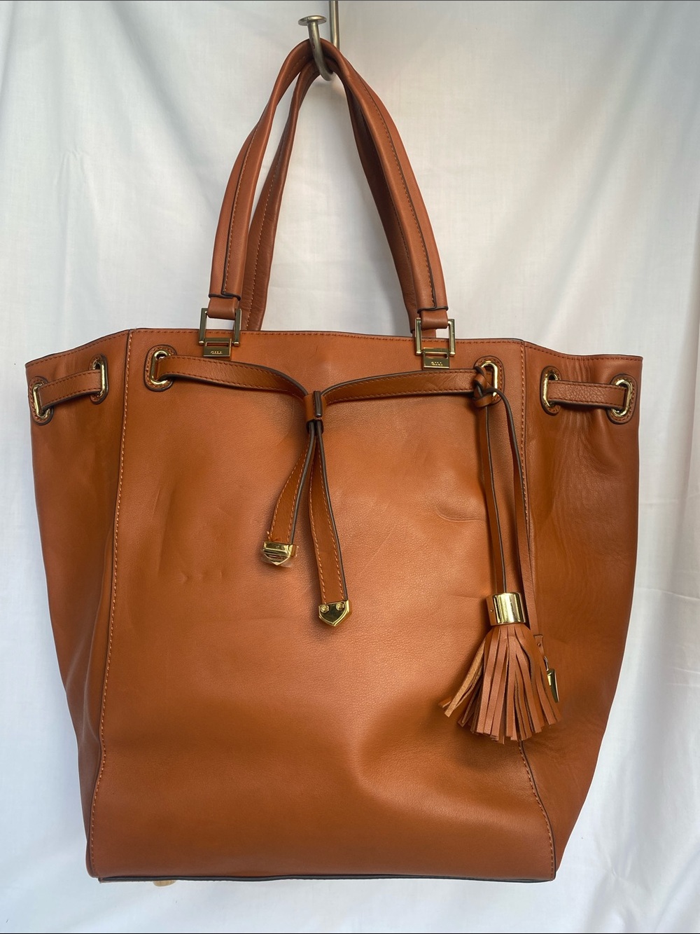 G.I.L.I. Cognac Leather Drawstring Tote with Tassel